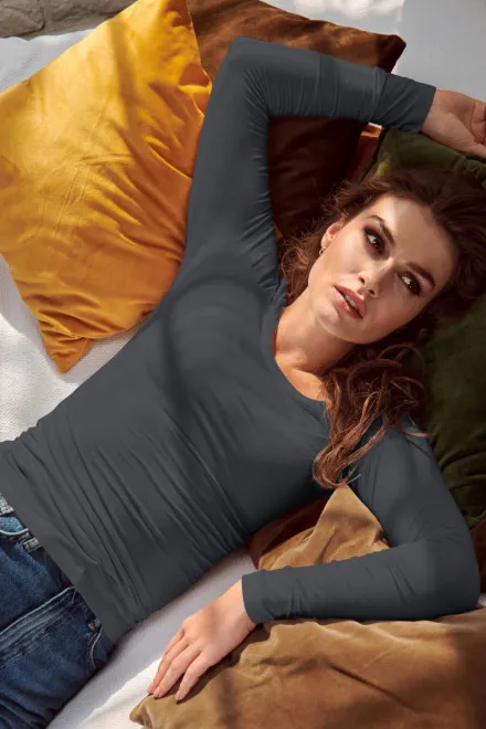 Tričko s dlhými rukávmi a hlbším výstrihom, svetlo šedá