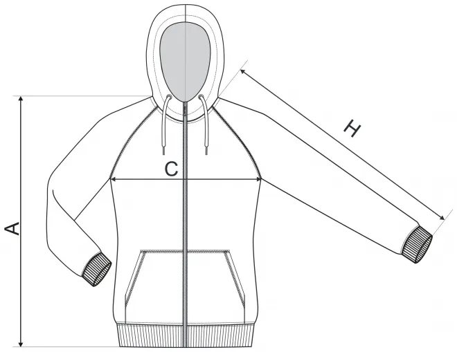 Dámska mikina kontrastná, s kapucňou - tabuľka veľkostí