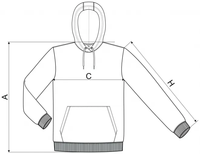 Pánska mikina bez zipsu s kapucňou - tabuľka veľkostí