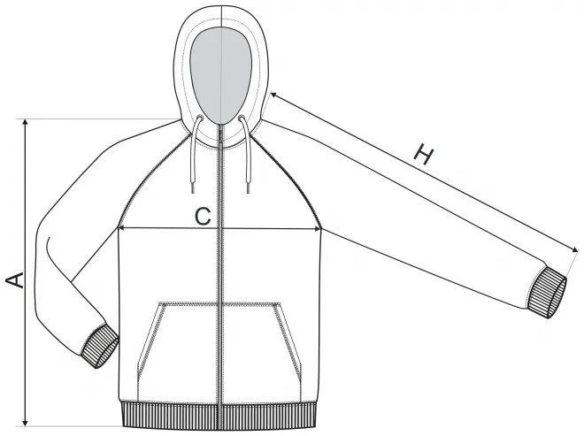 Pánska mikina kontrastná, s kapucňou - tabuľka veľkostí